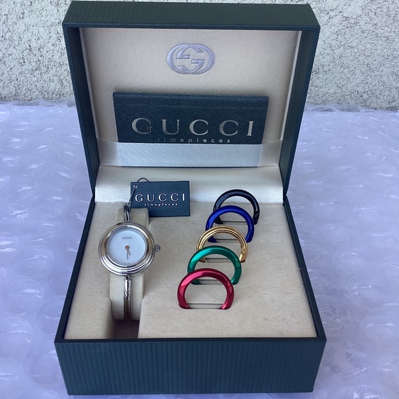 1990’s Gucci Interchangeable Bezel Bangle Watch Stainless Steel Mint Condition - Picture 1 of 11